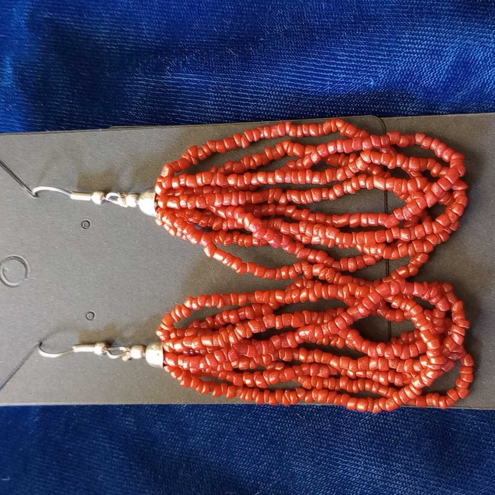 Southwestern Multi Strand Coral Color Seed Bead Earrings